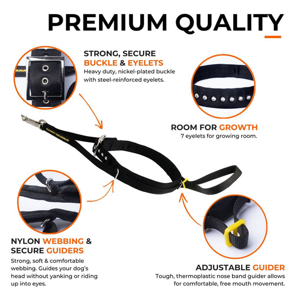 Key features of the Canny Colossus dog head collar. Strong industrial buckle and eyelets. Seven eyelets for growing room. Strong nickel plated guiders ensure free movement. Tough thermoplastic guide sits under chin to ensure free movement around mouth.